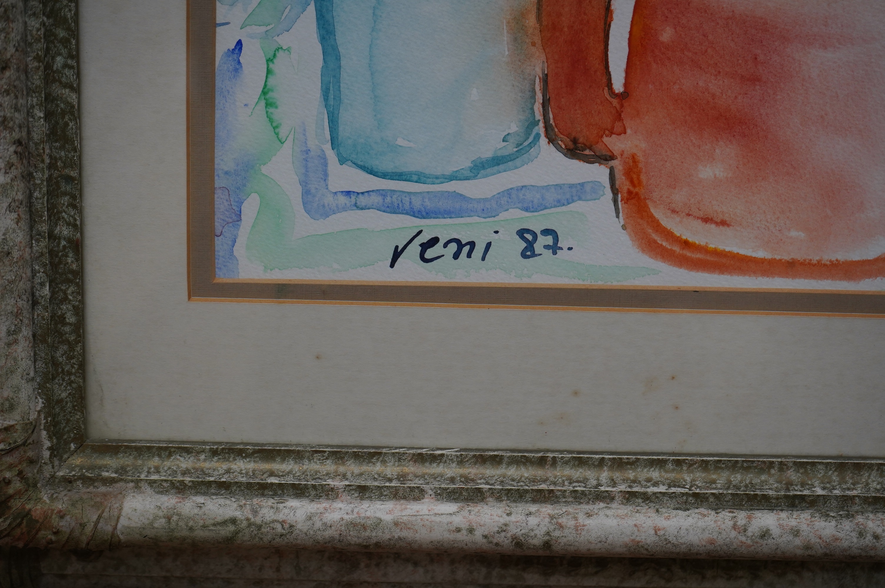 Reni, watercolour, Still life, jug and vase of flowers, signed and dated, ‘87, 24 x 29cm. Condition - good